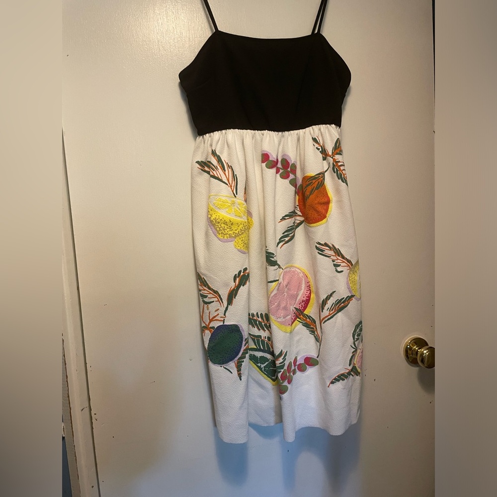 Zara Black and White Midi Dress with Colorful Fruit Print
